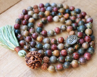 Perles Mala Jasper Rudraksha 108, collier mala, mala noué, collier à pampilles, bijoux de yoga, perles de méditation, bijoux spirituels, bohème