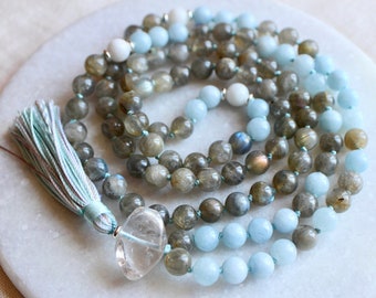 Perles Labradorite Mala 108, Collier Mala Aquamarine, Mala noué, Collier pompon, Bijoux de yoga, Perles de méditation, Bijoux Boho spirituels