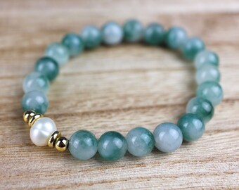 Flower Jade and Freshwater Pearl Mala Bracelet - 21 Beads, Meditation Mala, for Love and Nurturing, Good Luck, Harmony and Inner Balance