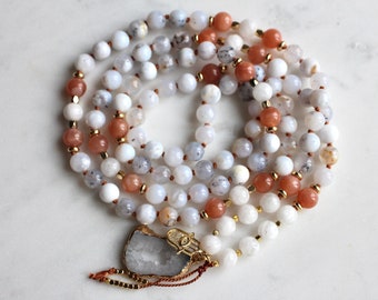 Ocean Chalcedony Mala, Sunstone Mala, Moonstone Mala, Mala Necklace, Crystal Necklace, Mala Kette, Prayer Beads, Yoga Necklace