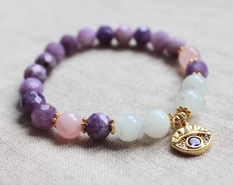 Optimism Bracelet, Lepidolite Mala, Wrist Mala Beads, Protection Bracelet, Yoga Jewelry, Mala Kette, Spiritual Jewelry, Boho Bracelet