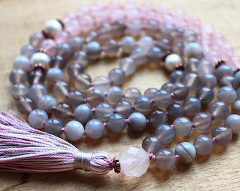Grey Agate Mala Beads, 108 Meditation Beads, Rose Quartz Mala Necklace, Yoga Jewelry, Tassel Necklace, Boho Necklace,