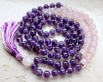 Amethyst Mala Beads 108, Rose Quartz Mala Necklace, Knotted Mala, Tassel Necklace, Yoga Jewelry, Meditation Beads, Spiritual Boho Jewelry