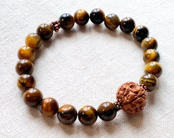 PERSONAL POWER, Rudraksha Tiger's Eye Mala Bracelet, Rudraksha Bracelet, Rudraksha Mala, Tiger Eye Mala, Mala beads, Mala Kette, Yoga gift