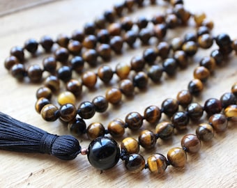 Tiger Eye Mala Beads 108, Mala Necklace, Brown Mala, Meditation Beads, Yoga Jewelry, Tassel Necklace