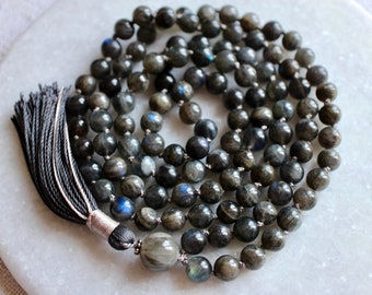 Labradorite Mala Beads 108, Labradorite Mala Necklace, Knotted Mala, Tassel Necklace, Yoga Jewelry, Meditation Beads, Spiritual Boho Jewelry