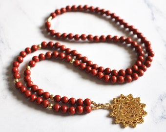 Red Jasper Mala, Flower of Life, Red Mala, Mala Necklace, 108 Mala Prayer Beads, Yoga Gift, Yoga Necklace, Mala Beads
