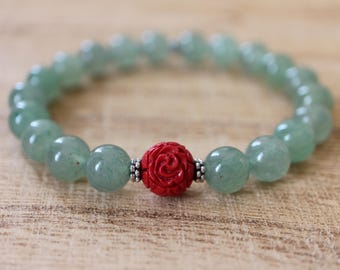 Aventurine Mala Bracelet with a Carved Resin Cinnabar Bead - Sacred Crystals for Prosperity and Wealth, Good Luck and Health / 21 Beads