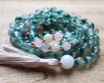 Jade Mala Beads 108, Rose Quartz Mala Necklace, Knotted Mala, Tassel Necklace, Yoga Jewelry, Meditation Beads, Spiritual Jewelry, Boho