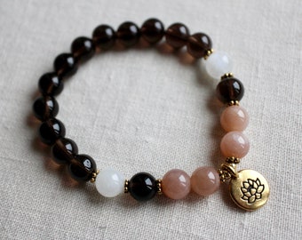 Smoky Quartz, Sunstone, Moonstone Mala Bracelet, Lotus Pendant, Japa Mala, Meditation Beads, Healing Crystals, Pearl Bracelet, Mala Beads