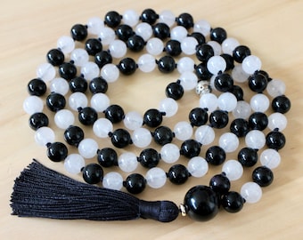 Perline Mala di ossidiana, Collana Mala di giada, 108 Perline di meditazione, Gioielli Yoga, Collana con nappe, Gioielli Boho