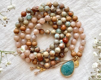 Mala en pierre de soleil, Mala en jaspe Aqua Terra, Mala en bois de santal, Collier en pierre de soleil, Collier en bois de santal, Mala Kette, Perles de prière, Collier de yoga