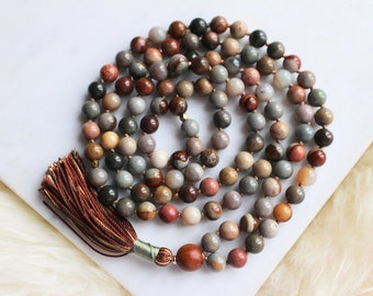 Ocean Jasper Mala Beads, 108 Beads, Sandalwood Mala Necklace, Knotted Mala, Tassel Necklace, Yoga Jewelry,Meditation Beads,Spiritual Jewelry