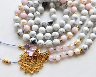 THE EMPRESS / Howlite, Pearl, Kunzite Mala, Mala Necklace, 108 Mala Prayer Beads, Yoga Gift, Yoga Necklace, Mala Beads