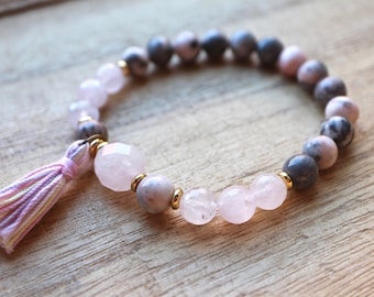 Tassel Mala Bracelet, Wrist Mala Beads, Zebra Jasper Yoga Bracelet, Rose Quartz Mala Bracelet, Yoga Jewelry, Spiritual Jewelry, Healing,