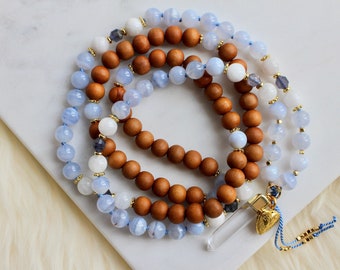 Blue Lace Agate Mala, Agate Mala, Sandalwood Mala, Iolite Necklace, Sandalwood Necklace, Mala Kette, Prayer Beads, Yoga Necklace
