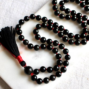 Black Knotted Sheen Obsidian Mala Necklace 108 Beads with Tassel image 3