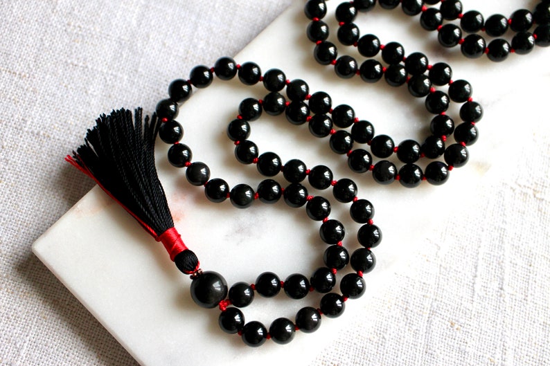 Black Knotted Sheen Obsidian Mala Necklace 108 Beads with Tassel image 3