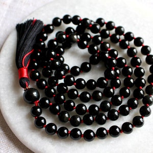 Black Knotted Sheen Obsidian Mala Necklace 108 Beads with Tassel image 8