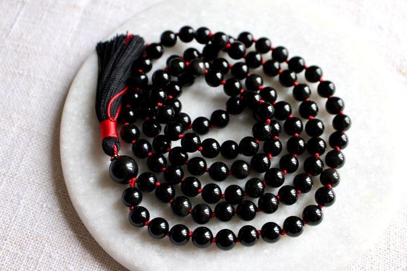 Black Knotted Sheen Obsidian Mala Necklace 108 Beads with Tassel image 8