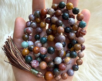 Mala de Jaspe Oceânico, 108 Contas, Colar Mala de Sândalo, Mala com Nós, Colar com Borla, Joias para Yoga, Contas para Meditação, Joias Espirituais