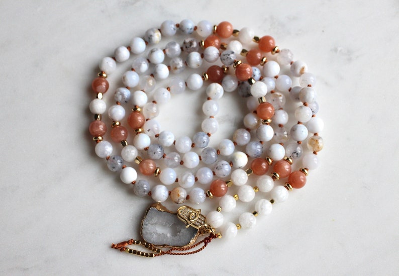 Ocean Chalcedony Mala, Sunstone Mala, Moonstone Mala, Mala Necklace, Crystal Necklace, Mala Kette, Prayer Beads, Yoga Necklace image 1