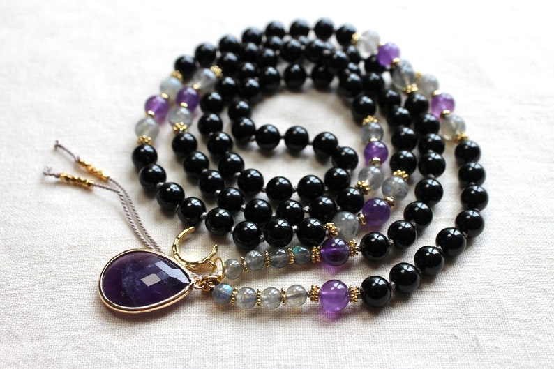 Black Tourmaline Mala, Amethyst Mala, Tourmaline Mala, Tourmaline Necklace, Amethyst Necklace, Mala Kette, Prayer Beads, Yoga Necklace image 1