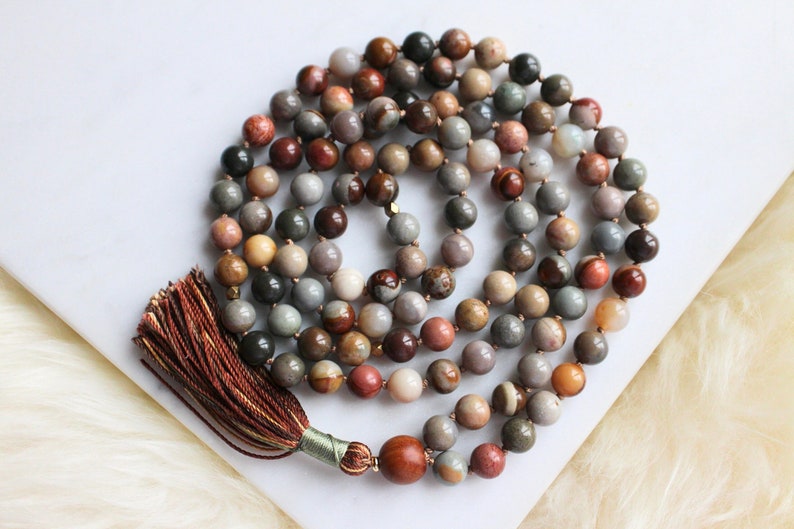 Ocean Jasper Mala Beads, 108 Beads, Sandalwood Mala Necklace, Knotted Mala, Tassel Necklace, Yoga Jewelry,Meditation Beads,Spiritual Jewelry image 1