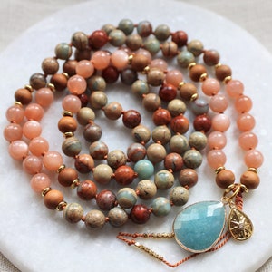 Sunstone Mala, Aqua Terra Jasper Mala, Sandalwood Mala, Sunstone Necklace, Sandalwood Necklace, Mala Kette, Prayer Beads, Yoga Necklace image 2