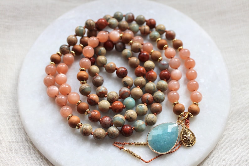 Sunstone Mala, Aqua Terra Jasper Mala, Sandalwood Mala, Sunstone Necklace, Sandalwood Necklace, Mala Kette, Prayer Beads, Yoga Necklace image 2