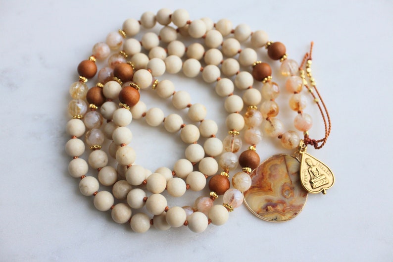 Citrine Mala, Riverstone Mala, Sandalwood Mala, Citrine Necklace, Sandalwood Necklace, Mala Kette, Prayer Beads, Yoga Necklace image 2