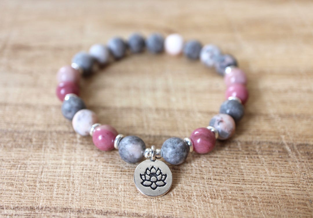 Matte Zebra Jasper and Rhodonite Mala Bracelet - for Inner Balance ...
