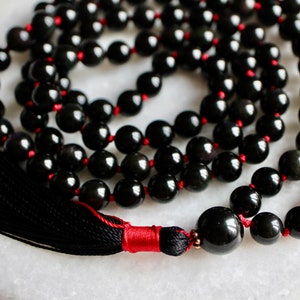 Black Knotted Sheen Obsidian Mala Necklace 108 Beads with Tassel image 4