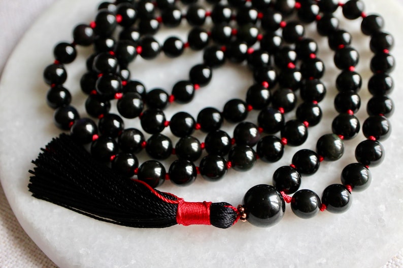 Black Knotted Sheen Obsidian Mala Necklace 108 Beads with Tassel image 4