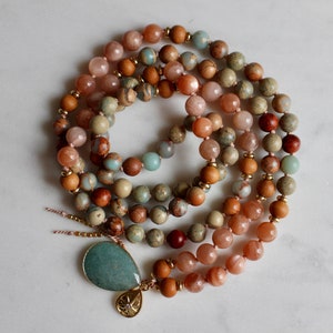 Sunstone Mala, Aqua Terra Jasper Mala, Sandalwood Mala, Sunstone Necklace, Sandalwood Necklace, Mala Kette, Prayer Beads, Yoga Necklace image 10