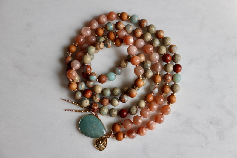 Sunstone Mala, Aqua Terra Jasper Mala, Sandalwood Mala, Sunstone Necklace, Sandalwood Necklace, Mala Kette, Prayer Beads, Yoga Necklace image 10