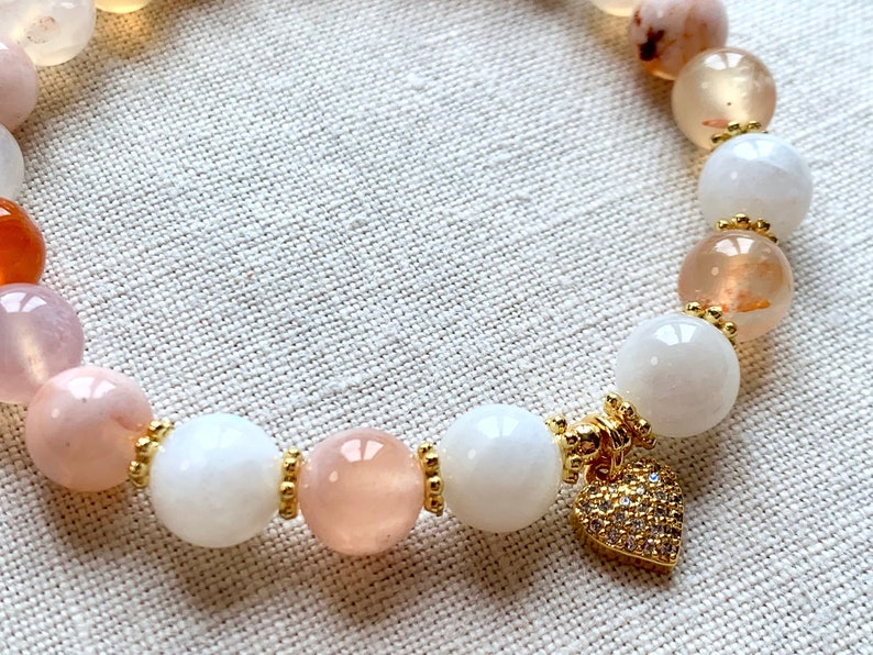 Cherry Blossom Agate and Rainbow Moonstone Mala, Moonstone Bracelet, Moonstone Mala, Agate Mala, 21 Beads image 3