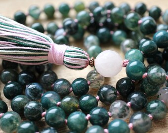 Moss Agate and Rose Quartz Knotted Mala - Healing Crystals for Optimism, Abundance, Love and Self-Love, Strength and New Beginnings