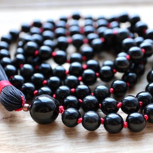 Black Knotted Sheen Obsidian Mala Necklace 108 Beads with Tassel