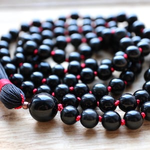 Black Knotted Sheen Obsidian Mala Necklace 108 Beads with Tassel image 1