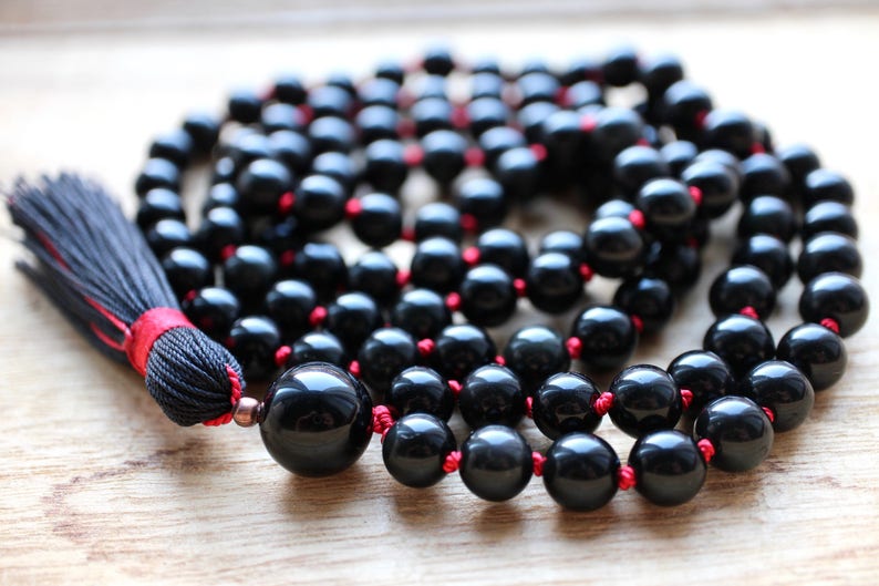 Black Knotted Sheen Obsidian Mala Necklace 108 Beads with Tassel image 1