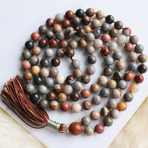 Ocean Jasper Mala Beads, 108 Beads, Sandalwood Mala Necklace, Knotted Mala, Tassel Necklace, Yoga Jewelry,Meditation Beads,Spiritual Jewelry image 6