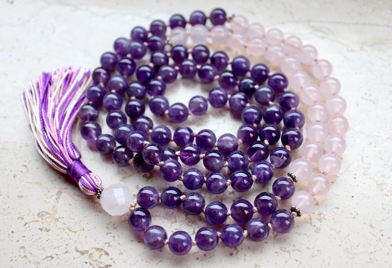 Amethyst Mala Beads 108, Rose Quartz Mala Necklace, Knotted Mala, Tassel Necklace, Yoga Jewelry, Meditation Beads, Spiritual Boho Jewelry image 1