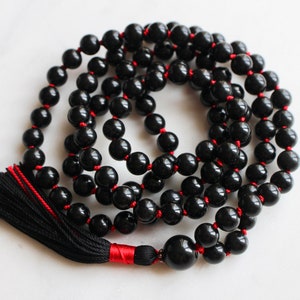 Black Knotted Sheen Obsidian Mala Necklace 108 Beads with Tassel image 9