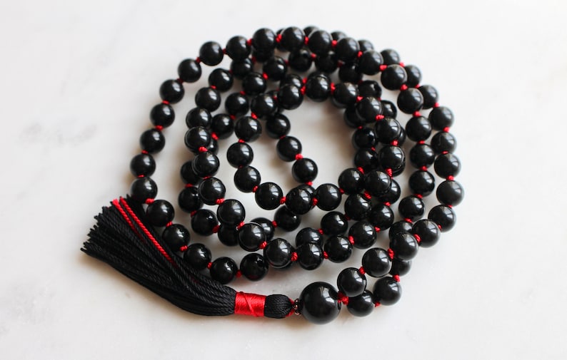 Black Knotted Sheen Obsidian Mala Necklace 108 Beads with Tassel image 9