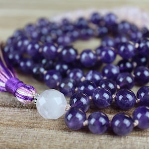 Amethyst Mala Beads 108, Rose Quartz Mala Necklace, Knotted Mala, Tassel Necklace, Yoga Jewelry, Meditation Beads, Spiritual Boho Jewelry image 5