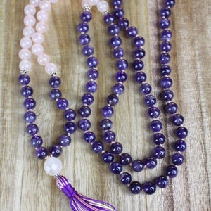 Amethyst Mala Beads 108, Rose Quartz Mala Necklace, Knotted Mala, Tassel Necklace, Yoga Jewelry, Meditation Beads, Spiritual Boho Jewelry image 6