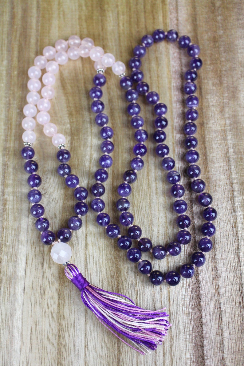 Amethyst Mala Beads 108, Rose Quartz Mala Necklace, Knotted Mala, Tassel Necklace, Yoga Jewelry, Meditation Beads, Spiritual Boho Jewelry image 6