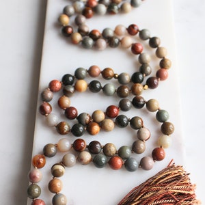 Ocean Jasper Mala Beads, 108 Beads, Sandalwood Mala Necklace, Knotted Mala, Tassel Necklace, Yoga Jewelry,Meditation Beads,Spiritual Jewelry image 2