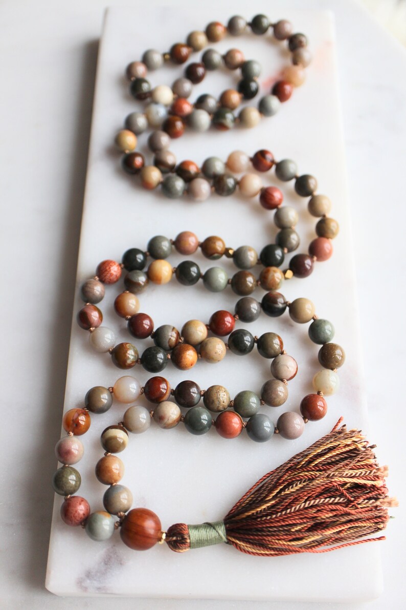 Ocean Jasper Mala Beads, 108 Beads, Sandalwood Mala Necklace, Knotted Mala, Tassel Necklace, Yoga Jewelry,Meditation Beads,Spiritual Jewelry image 2